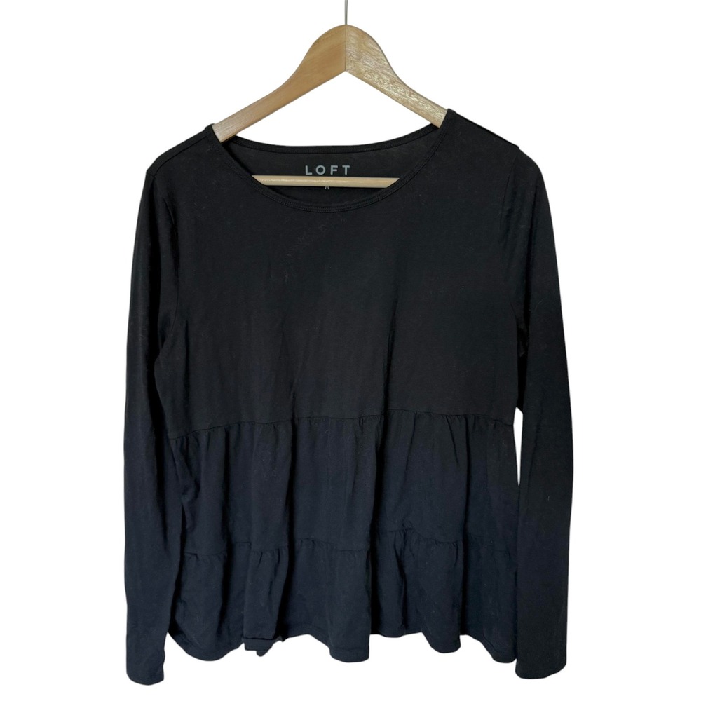 LOFT Tiered Peplum Top Women Size M Black Good Long Sleeve Ruffle Tee